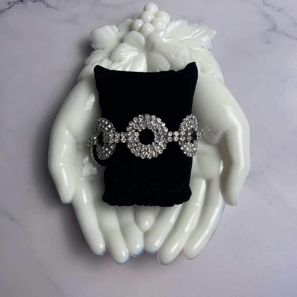 INC Silver Tone Rhinestone Crystal Bracelet With Circle Designs Claw Clasp